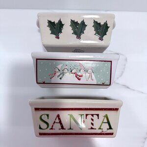 Nantucket Set of 3 Ceramic Mini Bread Loaf Pans SANTA Snowmen Holly Holiday 5x3"